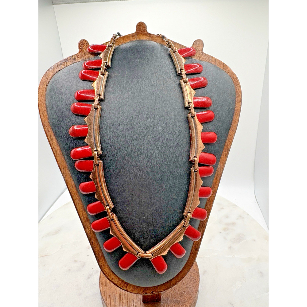 Vintage Copper Enamel Sawtooth Necklace Lipstick Red adjustable 24-28 Inches